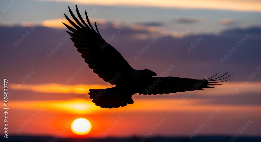 Fototapeta premium Majestic eagle soars through vibrant sunset sky, symbolizing freedom and power.