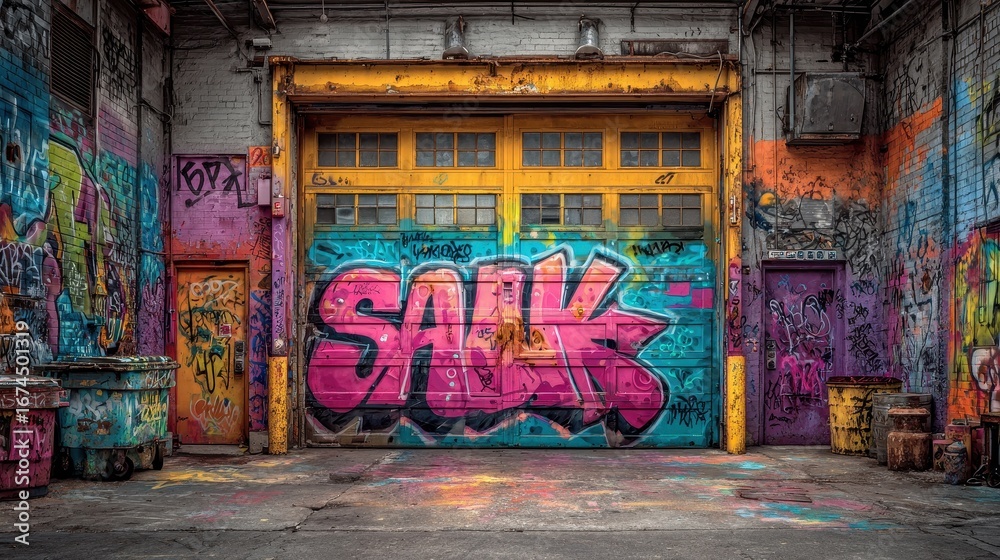 Fototapeta premium Industrial loading dock in urban area featuring colorful graffiti art