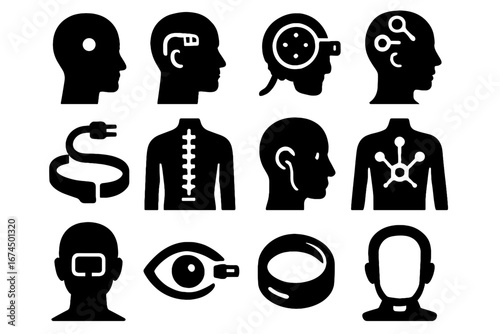 Icon vector neurojack scanner forehead spinal memory icons ear scalp smart port