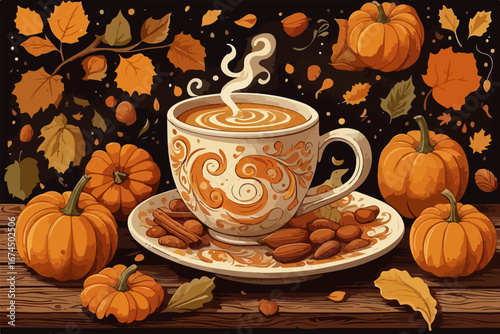 A cup of aromatic cappuccino in autumn aesthetics on a black background