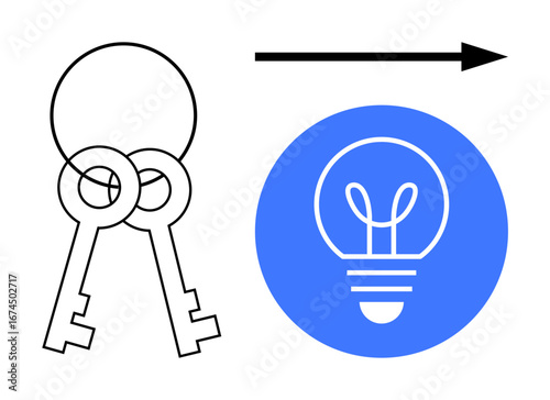 Two overlapping keys with forward black arrow pointing to a blue circle containing a light bulb. Ideal for innovation, problem-solving, progress, ideas, strategy, solutions, and simple landing page