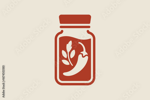 Illustration of a jar containing a pepper and leaves in a simple graphic style on a light background