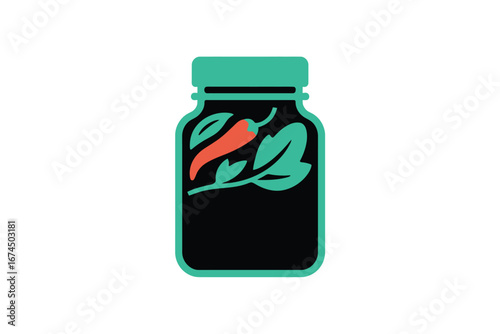 A jar with a green lid and a black label containing a red chili pepper and green leaves illustration
