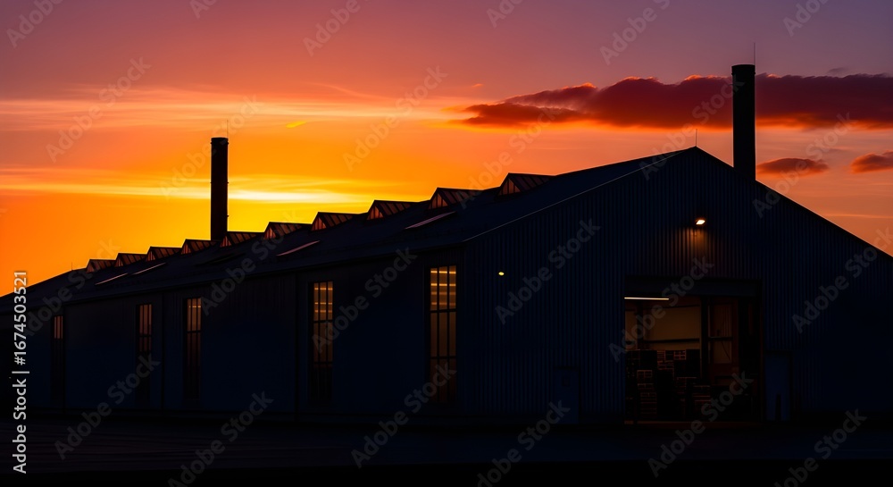 Obraz premium Industrial building silhouetted against a vibrant sunset sky with warm orange and purple hues