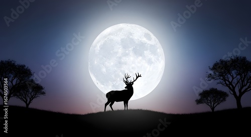 Majestic stag silhouetted against a luminous full moon in a tranquil night landscape