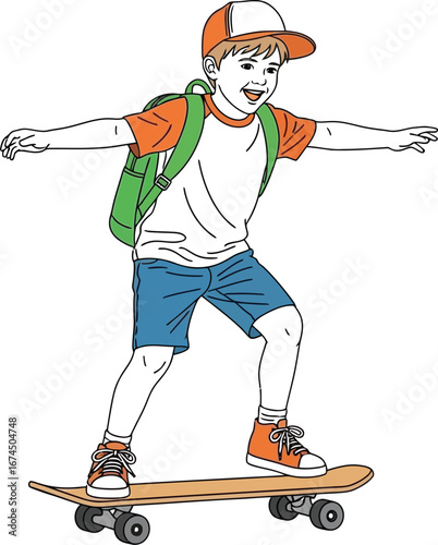 Joyful boy with backpack skateboarding arms outstretched for balance and fun ride