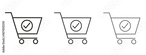 Shopping cart check icon in linear versions. Editable line