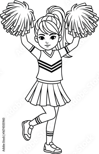 Line art of a cheerleader with pom poms in a dynamic pose ready to cheer