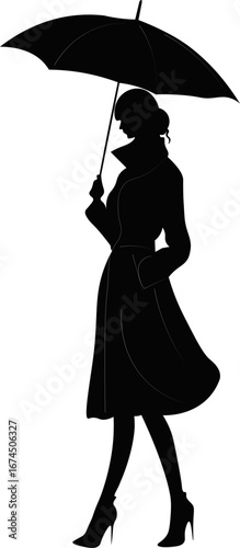 silhouette of a girl in an autumn coat with an umbrella