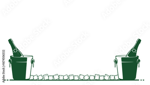 Vextor border - Two ice buckets with champagne bottles and ice cubes on white background  