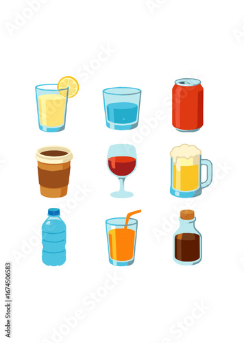 Set of Flat Beverage Icons Featuring Various Drinks Including Juice, Water, Coffee, Wine, Beer, Soda, and Syrup Bottles in Colorful Cartoon Style