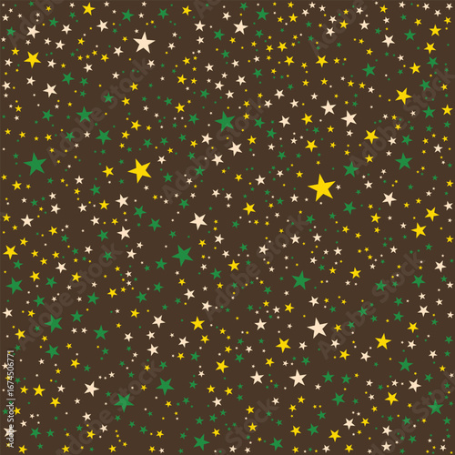 Gingerbread Star Christmas Pattern. Dark Brown Background with Bisque, Gold, and Forest Green for Cozy Holiday Craft Designs