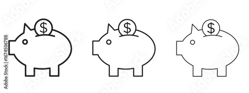 Piggy bank icon in linear versions. Editable line