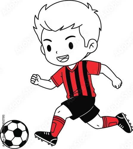 Cartoon boy in soccer uniform dribbling a soccer ball