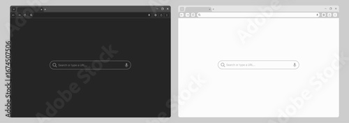 Browser window website mockup template with frames for PC laptop tablet and mobile, light dark night modes, vector UI web design presentation