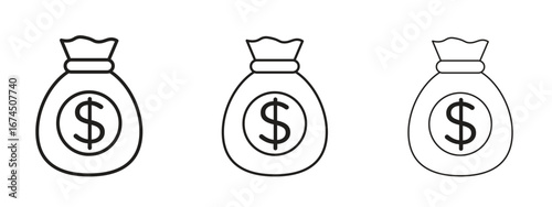 Money bag icon in linear versions. Editable line