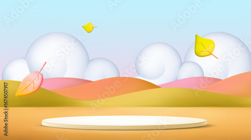 Kid podium autumn color hills on abstract cartoon background. 3d autumn landscape. Leaves fly, grass mountain, clouds in sky. Park scene. Childish cartoon vector illustration