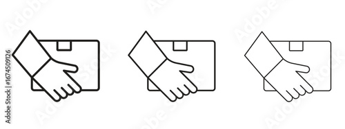 Hand holding box icon in linear versions. Editable line