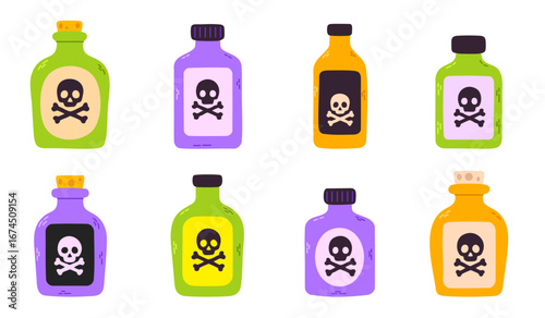 Collection of colorful poison bottles with skull labels for halloween design