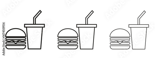 Hamburger soda icon in linear versions. Editable line