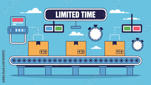 Boxes on a conveyor belt under a limited time sign with clocks and a machine on a light blue background