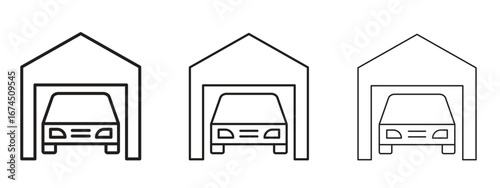 Garage car icon in linear versions. Editable line