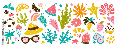 Summer Fruit, Flowers & Tropical Leaves Clipart Set