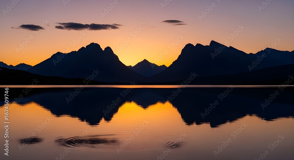 Obraz premium Serene mountain peaks reflected in calm lake waters at vibrant sunset, creating peaceful atmosphere