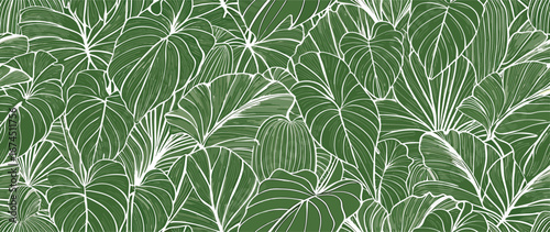 Green Tropical Leaf Line Art Seamless Pattern