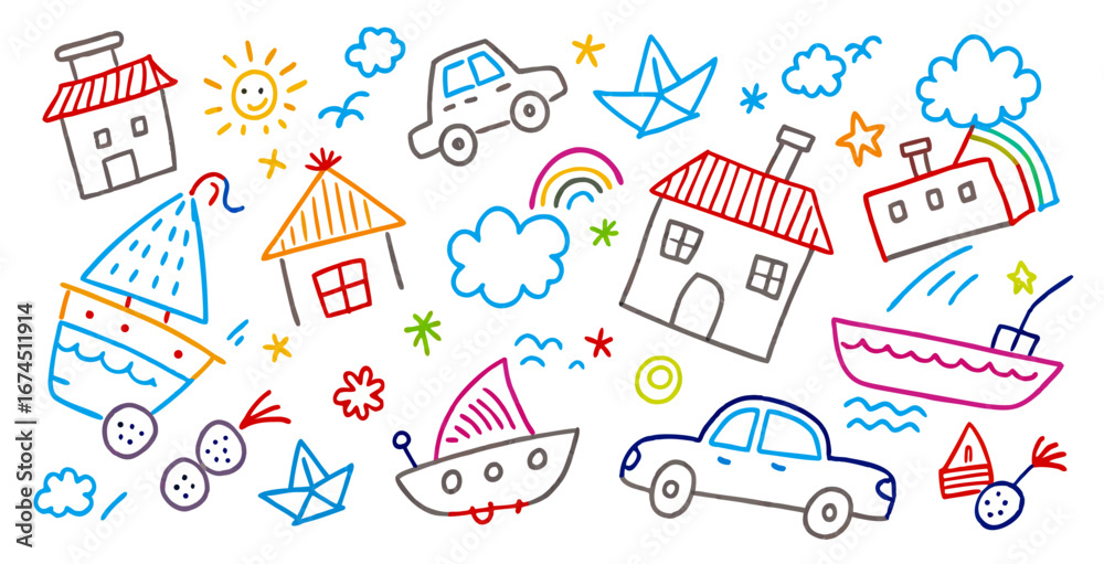 Fototapeta premium Colorful Child's Drawing: Houses, Cars, Boats, and More