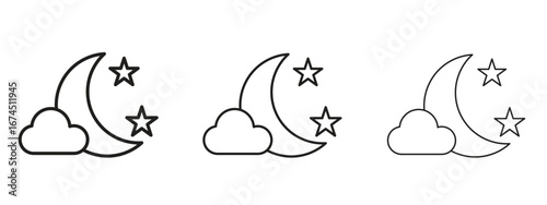 Cloud moon icon in linear versions. Editable line