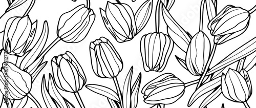 Black and White Tulip Line Art Seamless Pattern