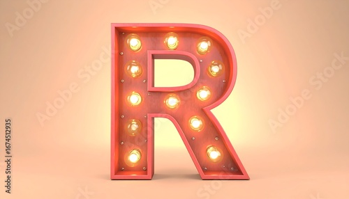 3D rendered capital letter R with retro light bulb design