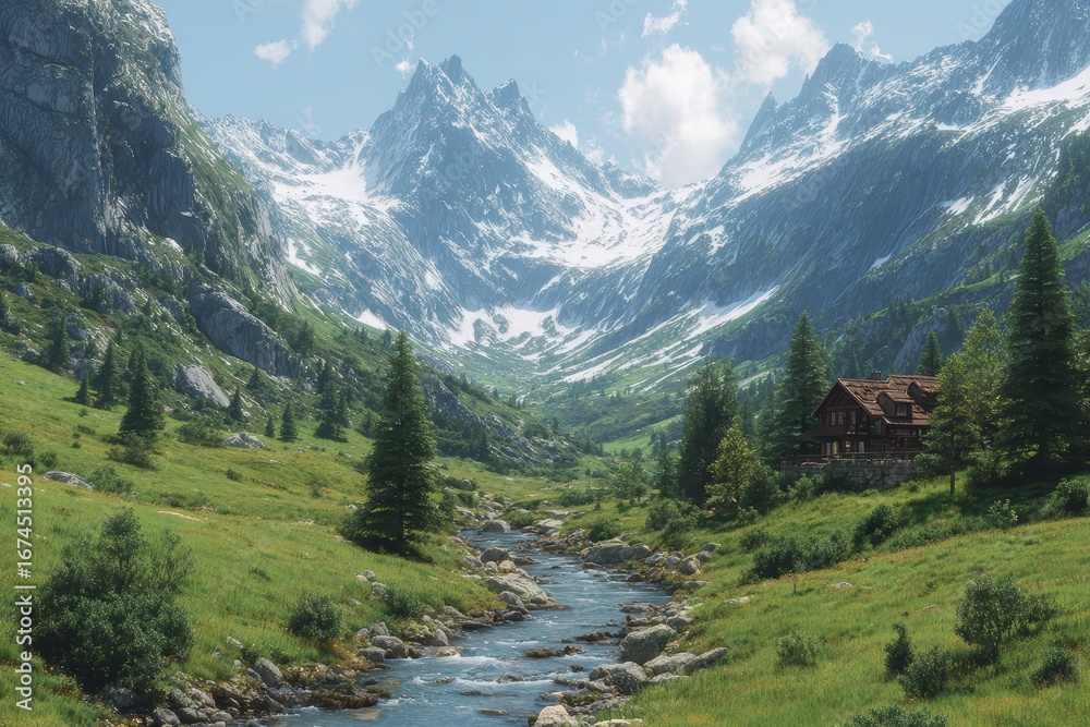 Fototapeta premium Tranquil Alpine Valley: Snow-Capped Peaks Surrounding a Pristine River Through Green Meadows and a Quaint Chalet
