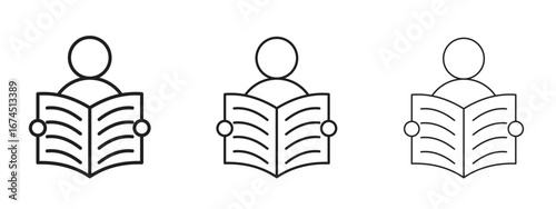 Book open reader icon in linear versions. Editable line