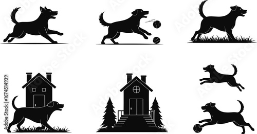 Dog silhouette vector set, playful pet poses, running, jumping, barking, home scene, ball activity, black animal icons, domestic dog illustrations