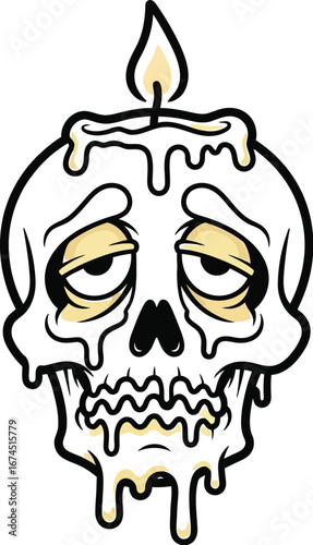 Cartoon skull with a candle on top and melting wax dripping down the face