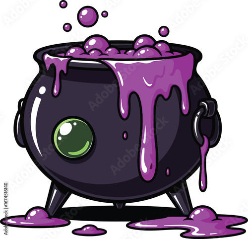 Bubbling witch's cauldron with purple potion for halloween themed designs and crafts