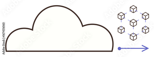 Cloud symbol connected to geometric blocks illustrating data distribution, networking, and technology flow. Ideal for cloud storage, blockchain, decentralization, technology, innovation