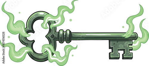 Antique key emits a mystical green smoke symbolizing magic and unlocking secrets