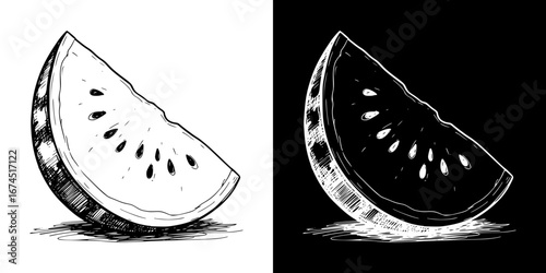 Watermelon slice illustration, monochrome isolated vector image, two design options on transparent and black backgrounds, pencil drawing, chalk drawing

