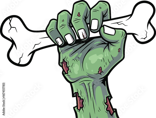 Cartoon zombie hand holds a bone against a white background halloween theme.