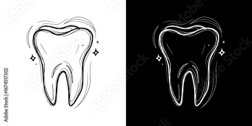 Monochrome isolated vector image of a tooth on transparent and black backgrounds, pencil drawing, chalk drawing  