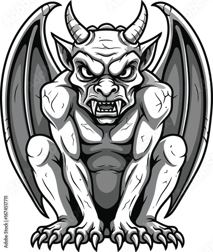 Menacing gargoyle with horns and wings sits perched a gothic architectural detail