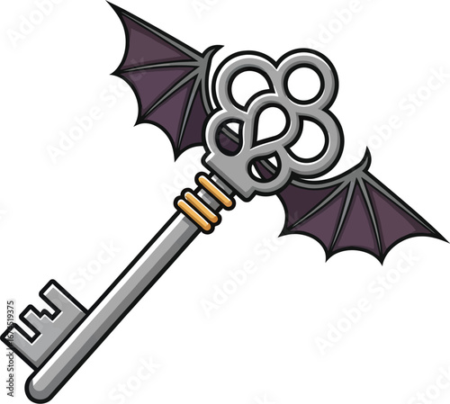 Whimsical winged key with bat wings floats against a stark white background art