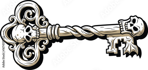 Ornate skeleton key with skull details perfect for gothic or halloween themes