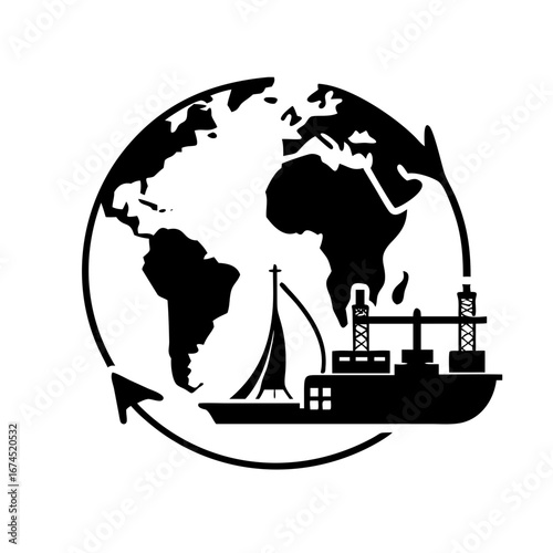 Vector art of oil industry concept showing a ship over the earth with a drilling platform and arrow