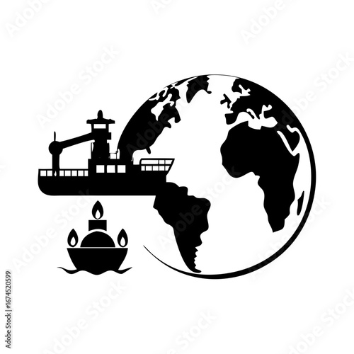 Vector art of oil industry concept showing a ship over the earth with a drilling platform
