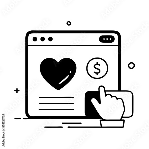 Vector art of online donation concept showing a hand clicking on a heart with a dollar sign on a website