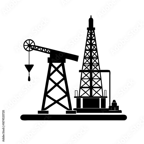 Vector art of silhouette of oil derricks and pump jacks, representing the petroleum industry and energy production